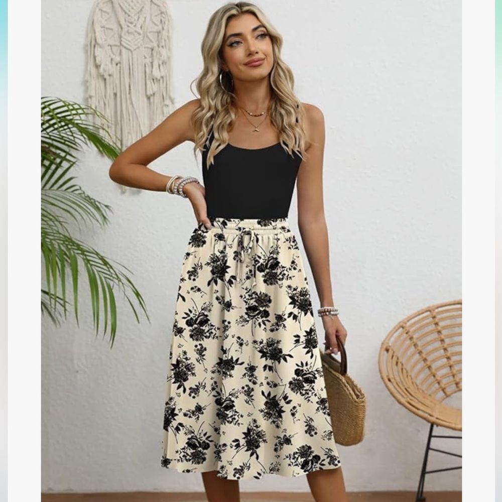 Black & Cream Floral Pattern Midi Skirt M
